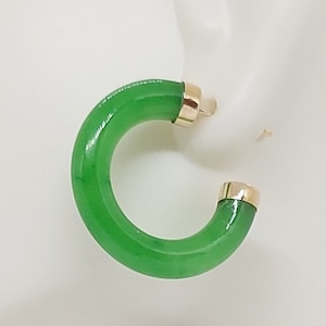 GEEN Jade push back Earrings in 14K Yellow Gold. 24 millimeters Green Jade 14k Yellow Gold Earring.