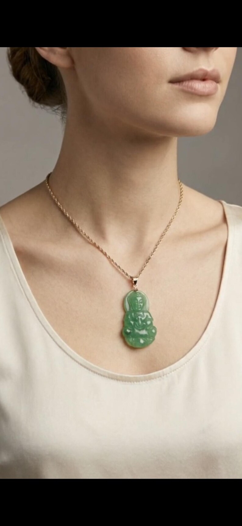 Green Jade Guanyin Buddha Pendant: 14K Yellow Gold Amulet image 9