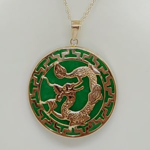 GREEN Jade 14K Yellow Gold DRAGON Pendant /14k Yellow Gold Dragon in Green Jade with 18&quot; Rope 14k Chain for a Jade LOVER. Jade Lover Pendant