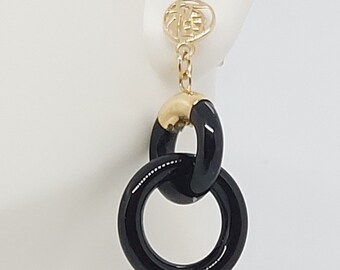 ONYX double Hoop Earrings in 14k Yellow Gold. Black Onyx Double Hoop Earring with Good Fortune Chinese character, ONYX lover