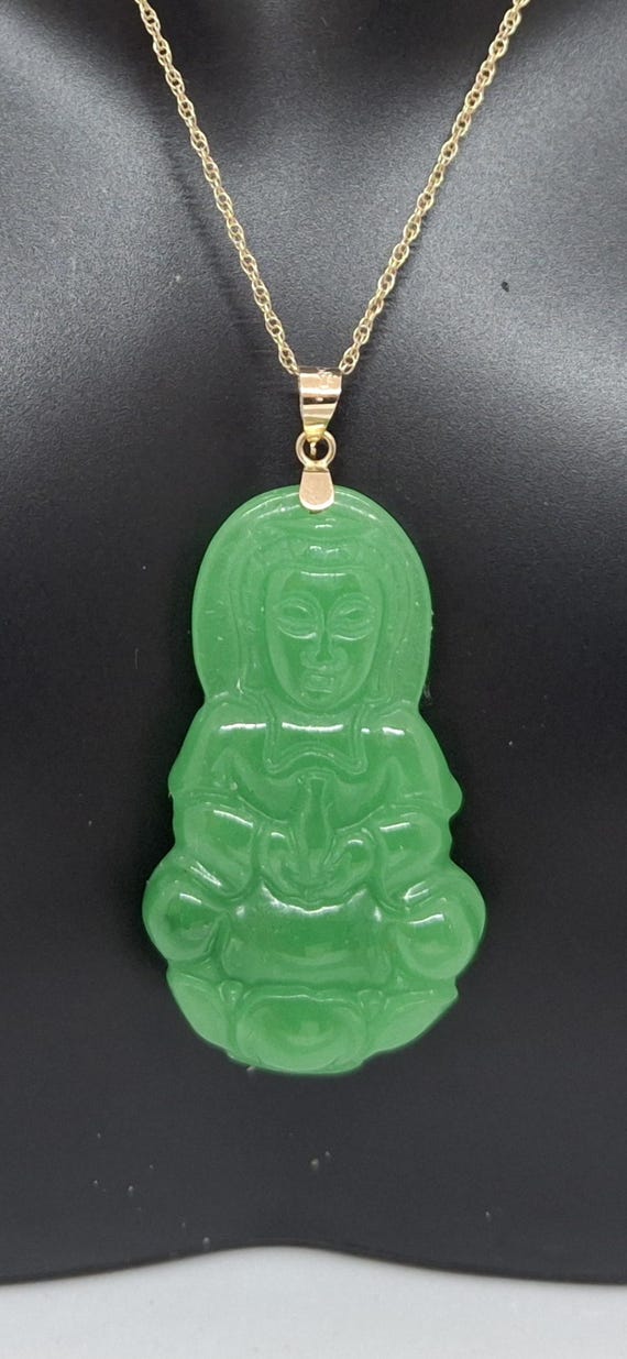 Green Jade Guanyin Buddha Pendant: 14K Yellow Gold Amulet