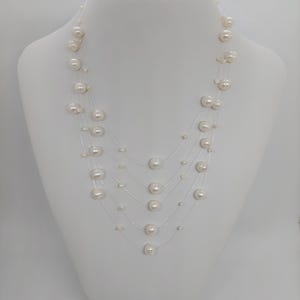 Multi Strand semi Round Circle White Freshwater Cultured Pearl Nylon Necklace. 5 Strands 2-8mm Pearl Necklace.Floating Pearl Necklace LOVER