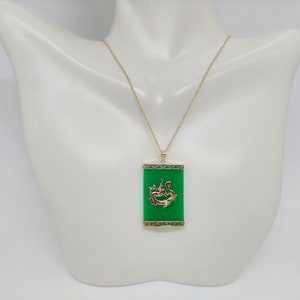 GREEN Jade Square 14K Yellow Gold DRAGON Pendant / Green Jade with 14k Yellow Gold Dragon on the center with 18&quot; 14k Chain for a Jade LOVER.