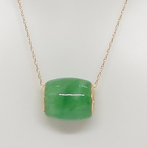 Green Jade Barrel Pendant Necklace: 14k Yellow Gold Rope Chain