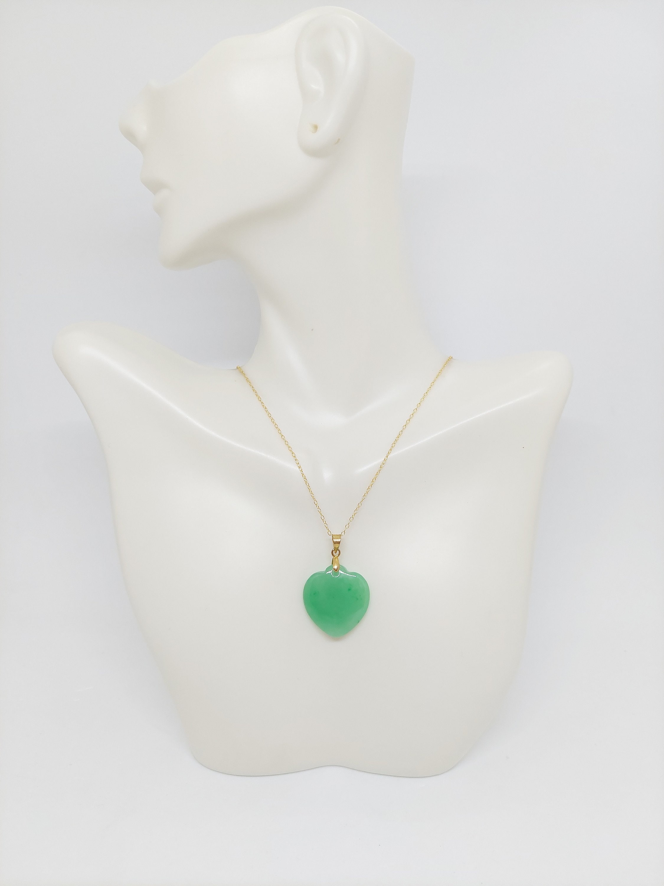 Green Jade Heart Pendant Necklace: Gold Plated Sterling