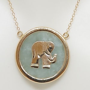 Green Jade Elephant Pendant: 14K Yellow Gold, Lucky Charm Necklace