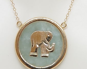 Hand-Carved Jade Elephant Pendant Necklace – 18K Gold Plated Chain, Adjustable 18 Inch