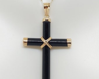 14k Gold Black Onyx Cross Pendant Necklace: Religious Charm