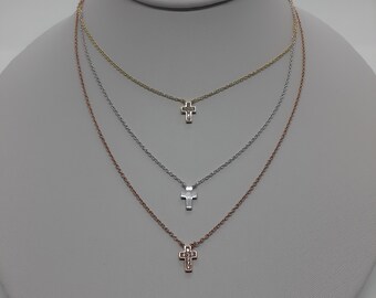 Cross Pendants / Necklace Sterling Silver 925 white Rhodium, Gold and Rose Gold Plated Clear CZ. Triple Cross.