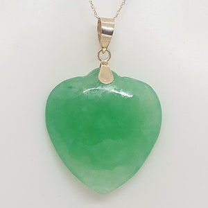 GREEN Jade 20 x 20mm Heart 14k Yellow Gold Pendant. 18" 14k Yellow Gold Rope Chain. Green Jade HEART Lover Pendant. Jewelry Gift for her.