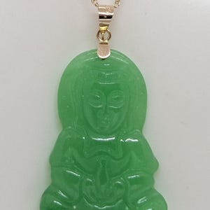 Green Jade Guanyin Buddha Pendant: 14K Yellow Gold Amulet image 8