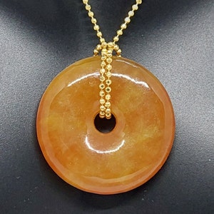YELLOW Jade Donut 25x25mm Pendant with 17.5-22 Inches Gold Plated Over 925 Silver Chain. Lucky Yellow Jade Donut Pendant for a Jade Lover.