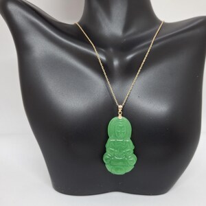 Green Jade Guanyin Buddha Pendant: 14K Yellow Gold Amulet image 12