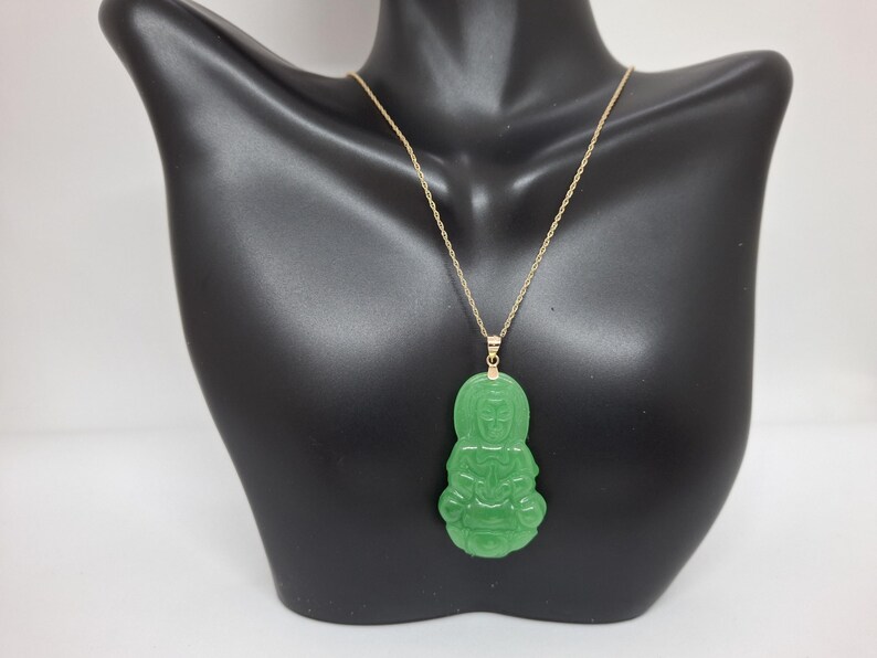 Green Jade Guanyin Buddha Pendant: 14K Yellow Gold Amulet image 12