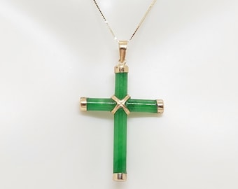 14k Yellow Gold Green Jade Cross Pendant Necklace - 16/18 Inch Box Chain