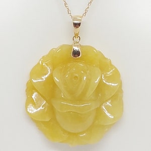Yellow Jade Flower Pendant: 14k Gold Rope Chain, Vintage Style