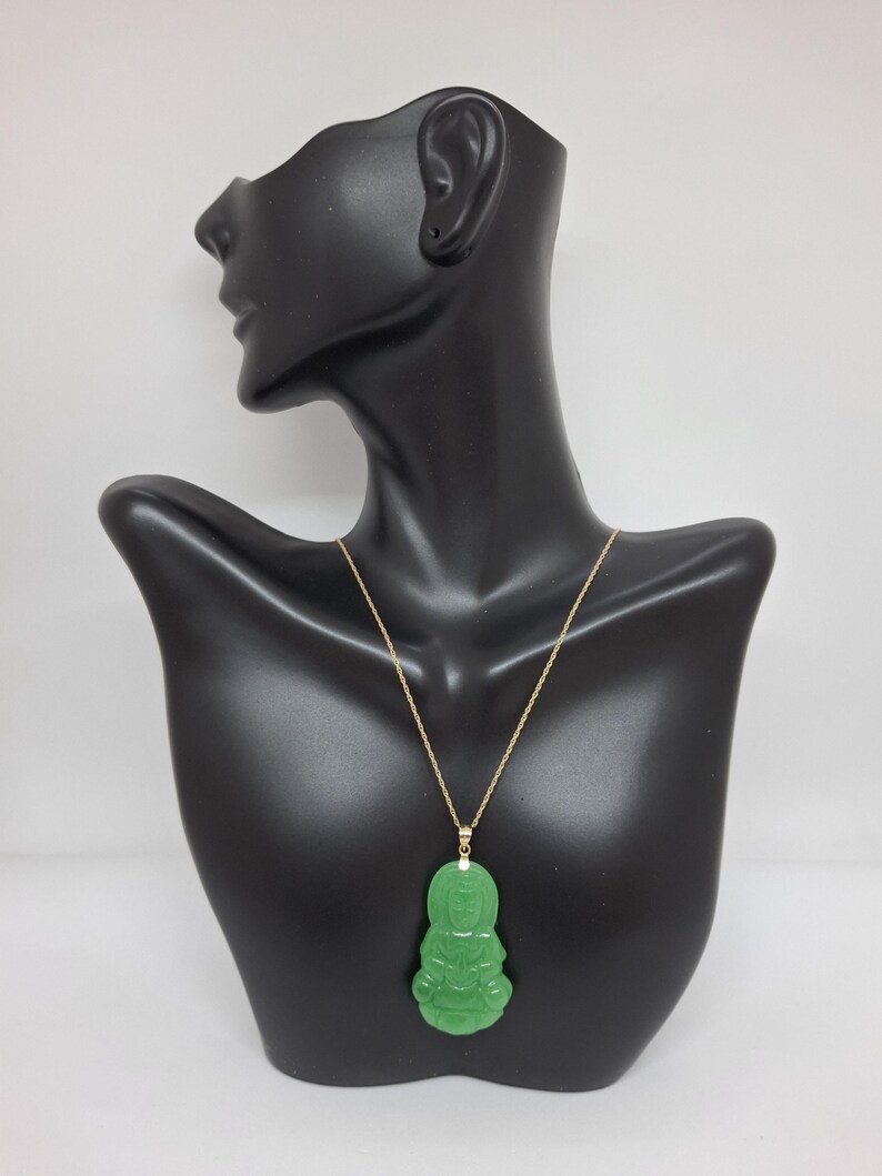 Green Jade Guanyin Buddha Pendant: 14K Yellow Gold Amulet image 7