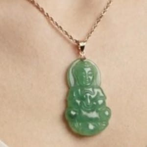 Green Jade Guanyin Buddha Pendant: 14K Yellow Gold Amulet image 3