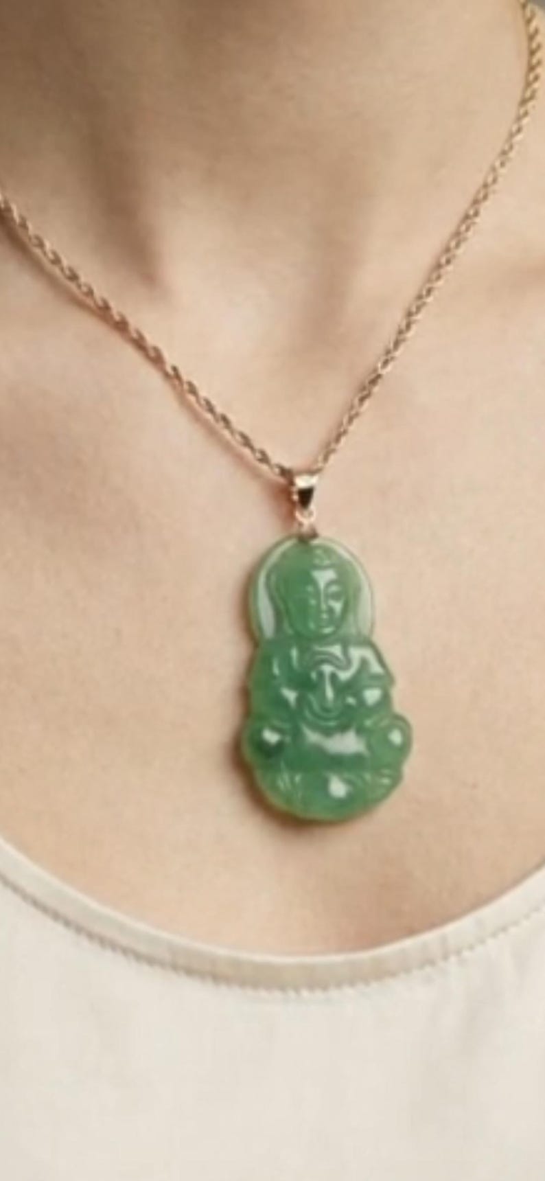 Green Jade Guanyin Buddha Pendant: 14K Yellow Gold Amulet image 3