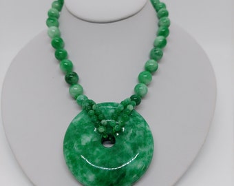 Large Green Jade Donut Pendant Necklace, Jade Beads, 25 inch
