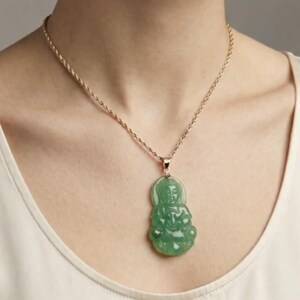 Green Jade Guanyin Buddha Pendant: 14K Yellow Gold Amulet image 14