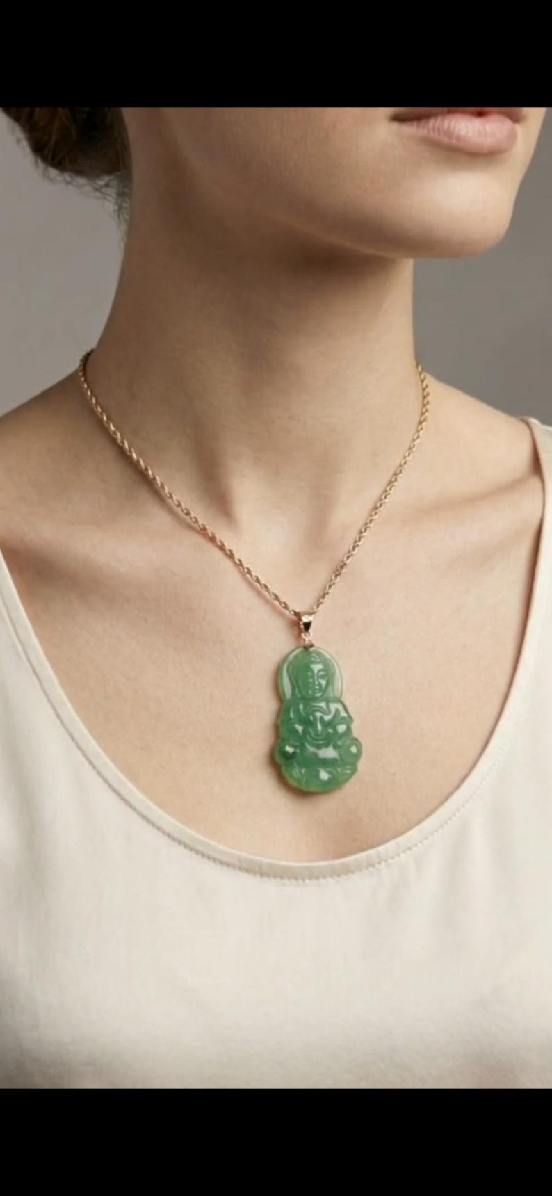 Green Jade Guanyin Buddha Pendant: 14K Yellow Gold Amulet image 14