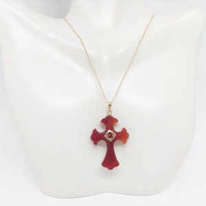 Red Jade Cross Pendant Necklace: 14k Yellow Gold, Garnet Charm