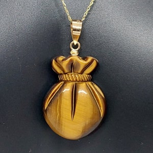 Tiger&#39;s Eye MONEY Bag 14k Yellow Gold Pendant.18&quot; ROPE Chain Tiger Eye Money Bag Pendant. Good Fortune Money Bag Pedant LOVER.Lucky Pendant.