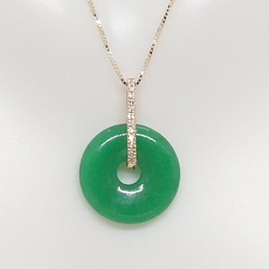 GREEN Jade DIAMONDS Mini Donut 12X12mm Luck &quot;Fu&quot; 18K Yellow Gold Pendant Jade Diamonds 18k Charm 16&quot; or 18&quot; Box 14k Chain. Green Jade LOVER.