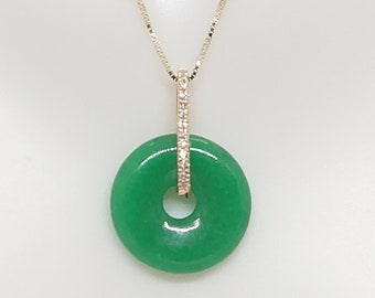 GREEN Jade DIAMONDS Mini Donut 12X12mm Luck "Fu" 18K Yellow Gold Pendant Jade Diamonds 18k Charm 16" or 18" BOX 14k Chain. Jade Lover.