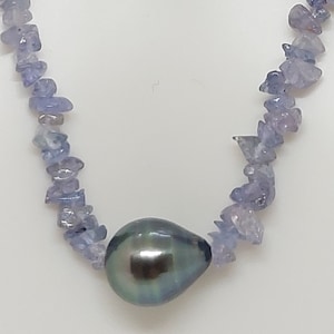 Tahitian Black Pearl & Tanzanite Pendant Necklace: Sterling Silver, Handmade