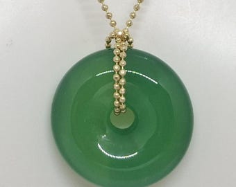 Green Jade Donut Pendant: Gold Plated Sterling Silver Chain