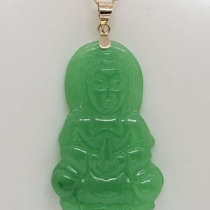 Green Jade Guanyin Buddha Pendant: 14K Yellow Gold Amulet image 2