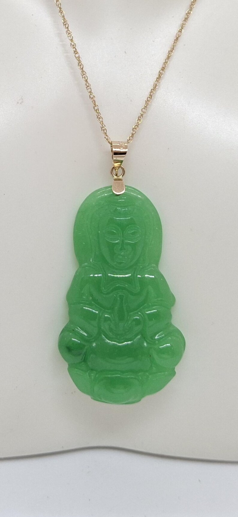 Green Jade Guanyin Buddha Pendant: 14K Yellow Gold Amulet image 2