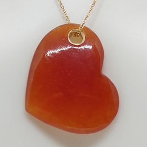 Red Jade Heart Pendant: 14k Solid Gold Necklace, 18 Inch Chain