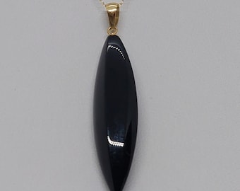 14k Yellow Gold Black Onyx Pendant: Long Oval Stone, 18" Rope Chain
