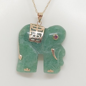 Green AVENTURINE Elephant Ruby Eye 14K Yellow Gold Pendant. 18&quot; Rope Chain Green Aventurine Elephant Necklace. Aventurine LOVER Elephant.