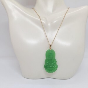 Green Jade Guanyin Buddha Pendant: 14K Yellow Gold Amulet image 13