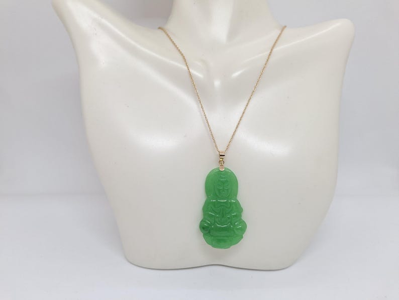 Green Jade Guanyin Buddha Pendant: 14K Yellow Gold Amulet image 13