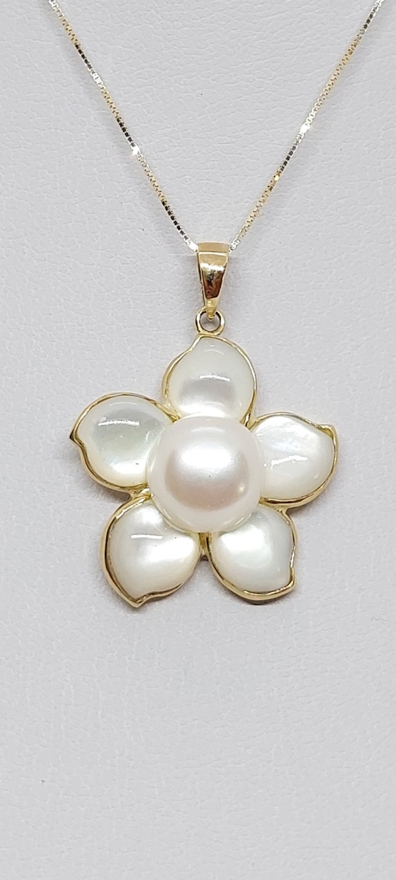 WHITE Mother of Pearl Flower 14k Yellow Gold Pendant