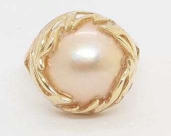 14K Yellow Gold Mabe Pearl Ring - Handmade 10mm Pearl
