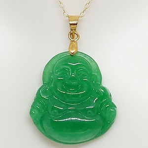 GREEN Jade Buddha Yellow Gold-Plated Pendant. 16&quot; - 2&quot; Extended Chain Green Jade BUDDHA Necklace 925 Silver over Gold Plated. Buddha LOVER.