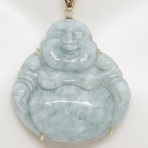 GREEN Jade Natural Color Grade A Large BUDDHA Solid 14k Yellow Gold Pendant for a Jade Lover. Lucky Buddha. 40X40mm Buddha. Pendant ONLY.