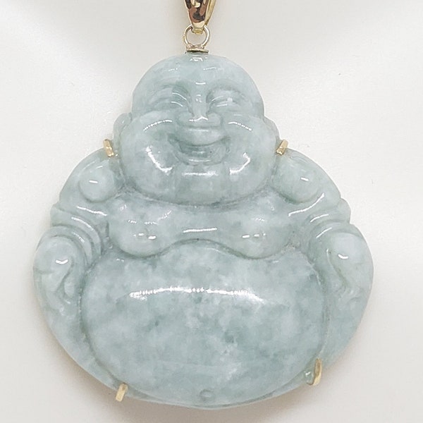 GREEN Jade Natural Color Grade A Large Buddha Solid 14k Yellow Gold Pendant for a JADE Lover. Lucky Buddha. 40X40mm Buddha. Pendant ONLY.