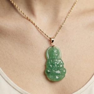 Green Jade Guanyin Buddha Pendant: 14K Yellow Gold Amulet image 11