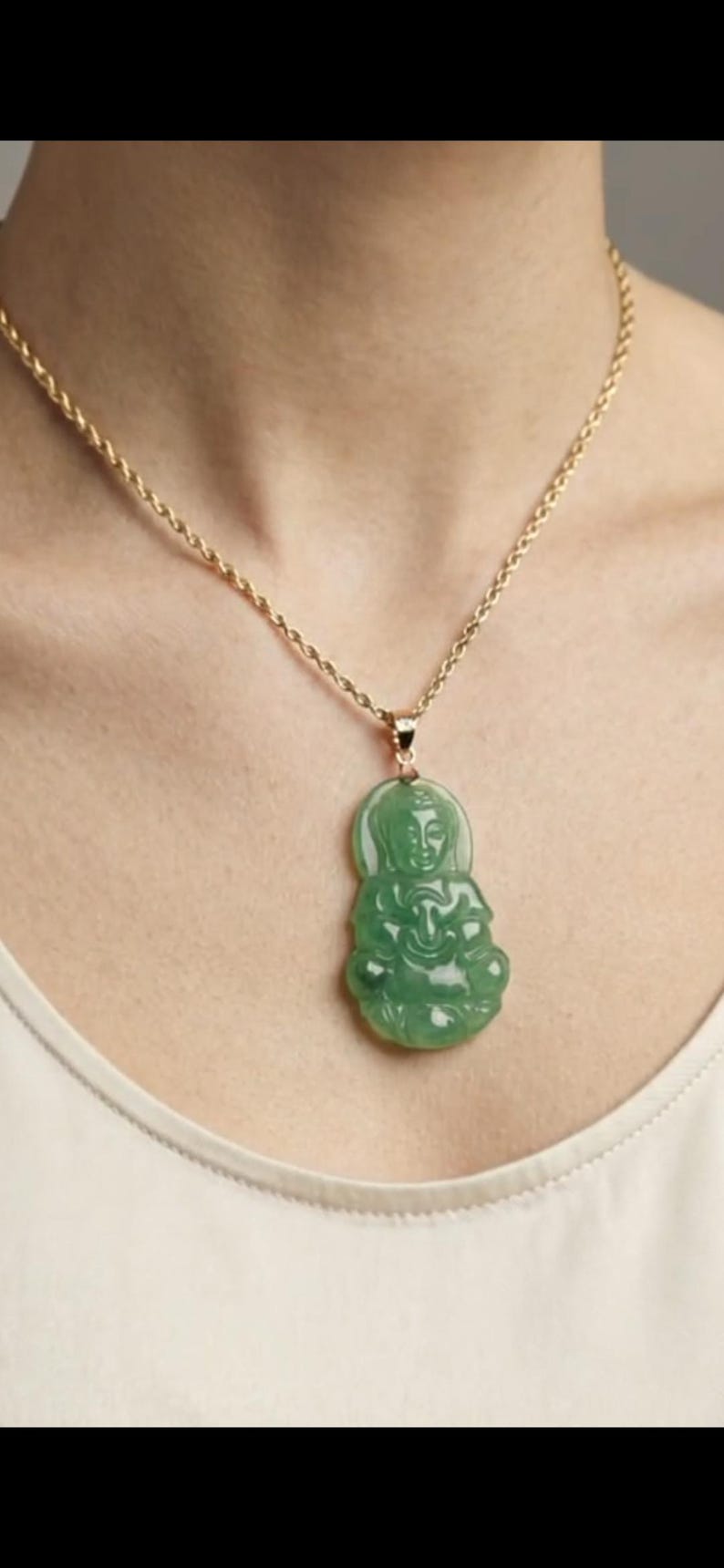 Green Jade Guanyin Buddha Pendant: 14K Yellow Gold Amulet image 11