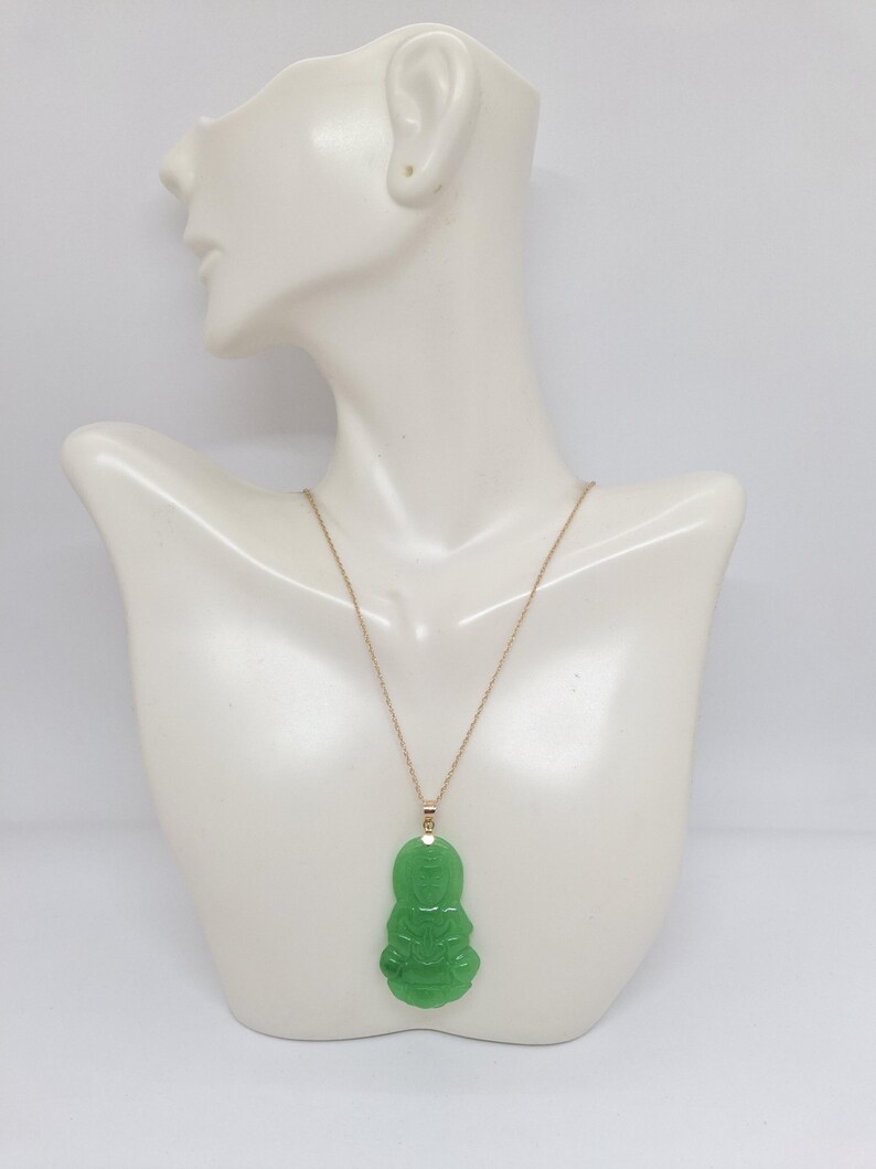 Green Jade Guanyin Buddha Pendant: 14K Yellow Gold Amulet image 10