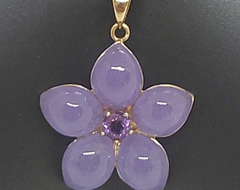 Lavender Jade Flower Pendant: Amethyst, 14k Yellow Gold Rope Chain