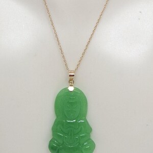 Green Jade Guanyin Buddha Pendant: 14K Yellow Gold Amulet image 5