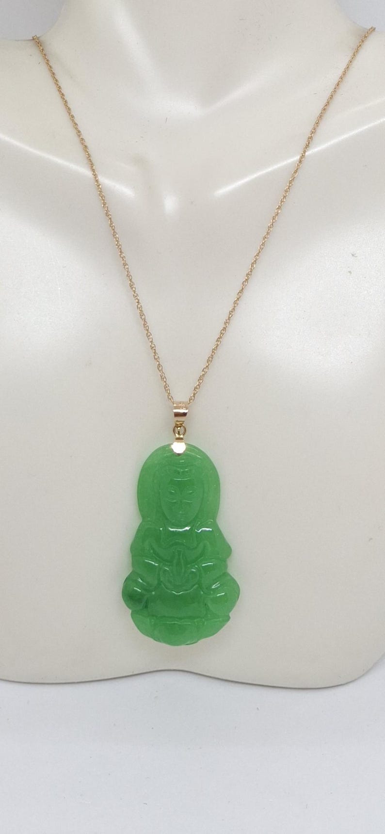 Green Jade Guanyin Buddha Pendant: 14K Yellow Gold Amulet image 5